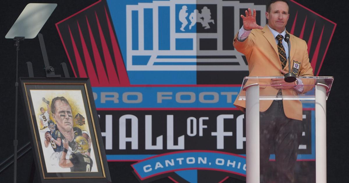 Pro Football Hall of Famer Drew Brees gives his Enshrinement speech during the Pro Football Hall of Fame induction ceremony at