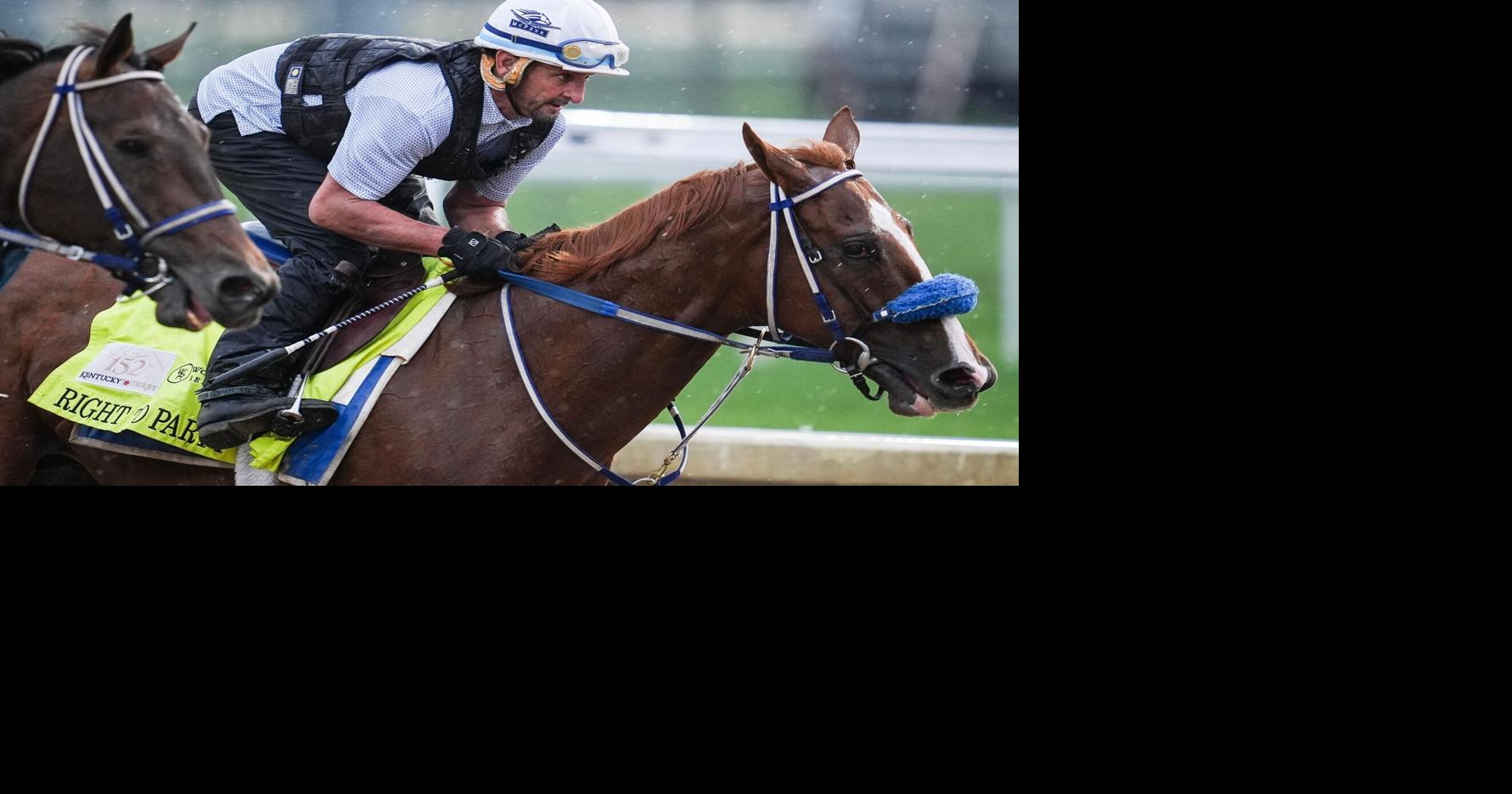 2026 Kentucky Derby contender Right To Party works during a morning training session during Kentucky Derby week. The horse is
