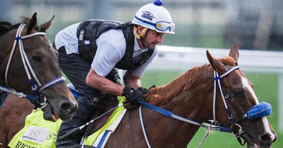 2026 Kentucky Derby contender Right To Party works during a morning training session during Kentucky Derby week. The horse is