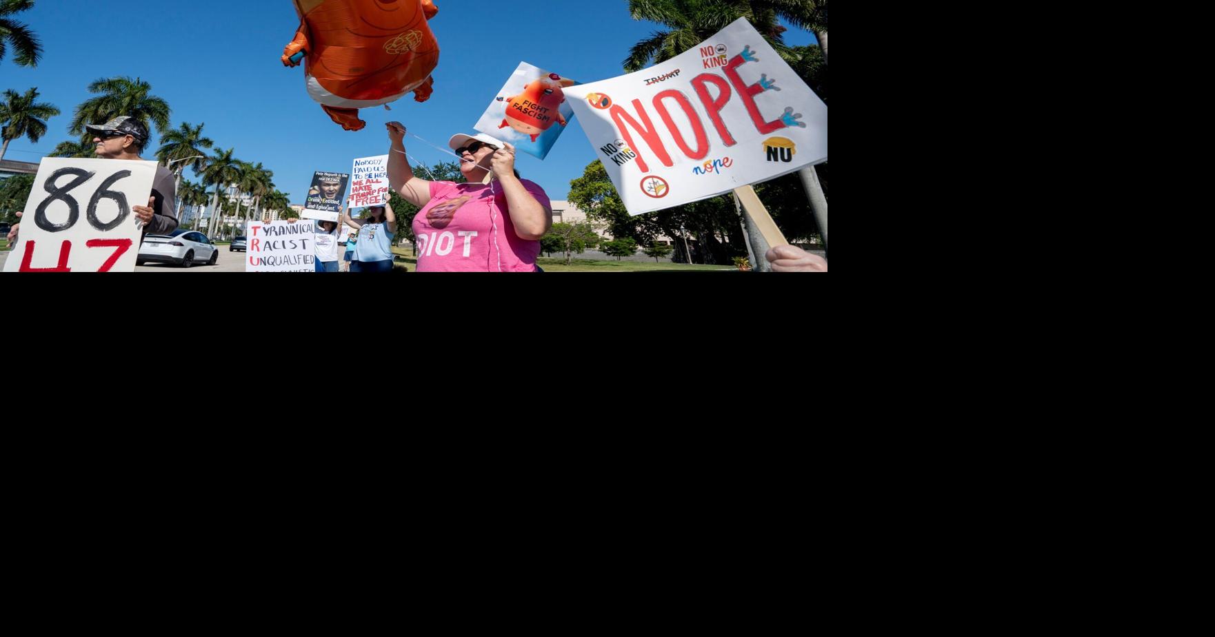 Sarah Anderson holds a sign and balloon as she protests against President Donald Trump before he speaks to the Forum Club of the