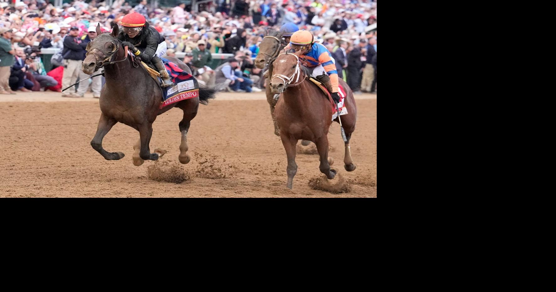 Golden Tempo (left), ridden by jockey Jose Ortiz, won the 152nd Kentucky Derby, May 2, 2026.