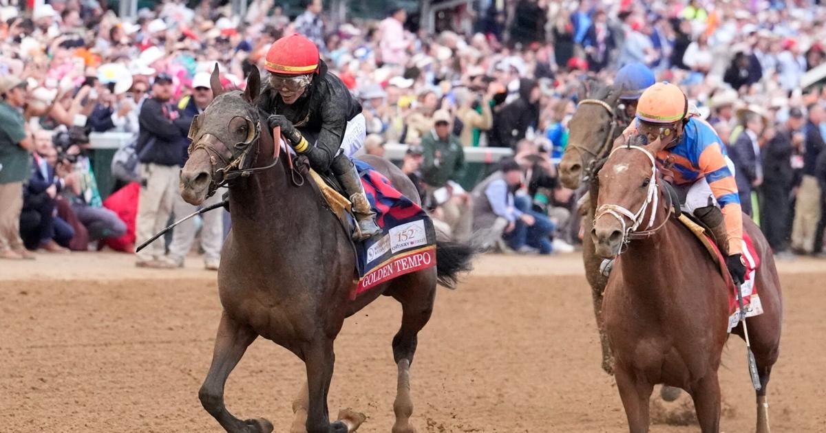Golden Tempo (left), ridden by jockey Jose Ortiz, won the 152nd Kentucky Derby, May 2, 2026.