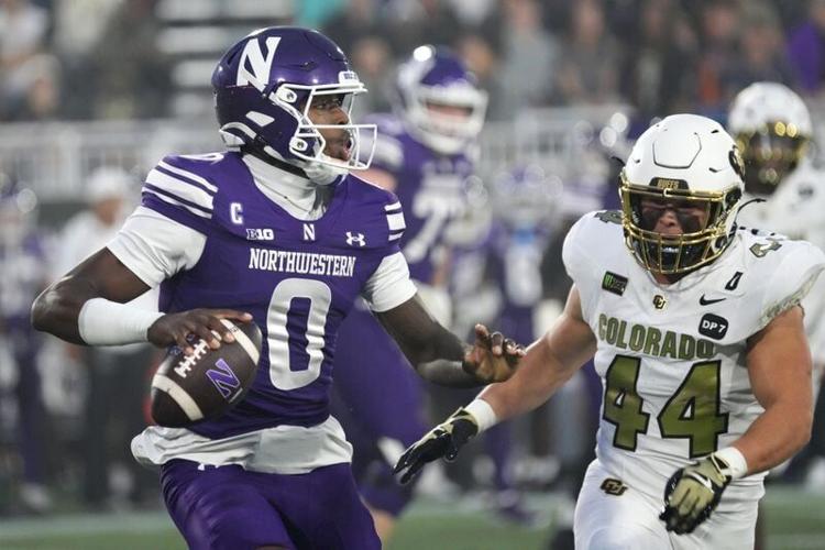 Sep 19, 2026; Evanston, Illinois, USA;  Northwestern Wildcats quarterback Aidan Chiles (0) is rushed by Colorado Buffaloes linebacker Gideon Lampron (44) during the first half at Northwestern Medicine Field at Martin Stadium.  Mandatory Credit: David Ba...