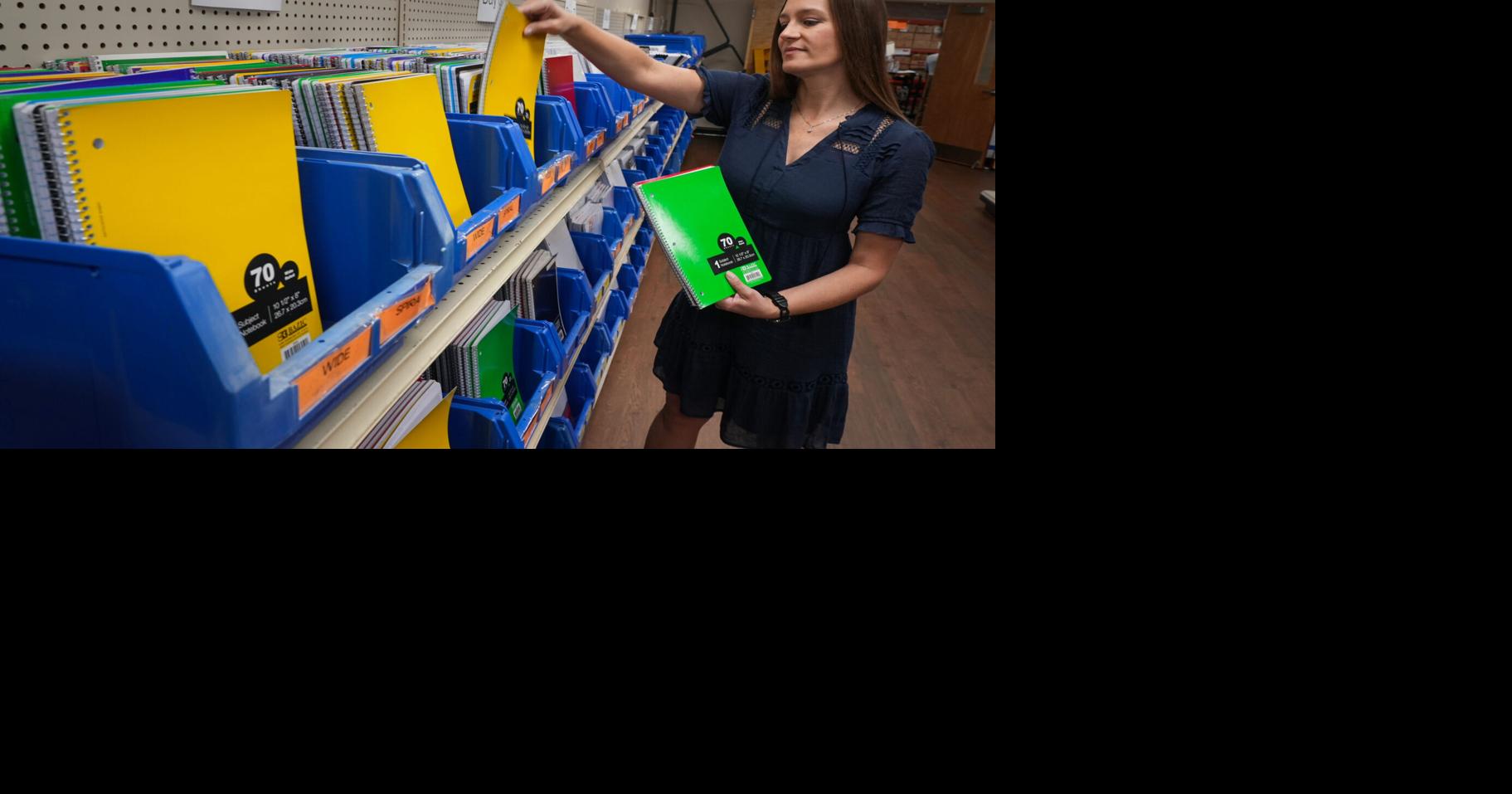 Nina Moser, director of development for the Brevard School Foundation, shows just a portion of the products for students at the Supply Zone for Teachers at Clearlake Education Center in Cocoa