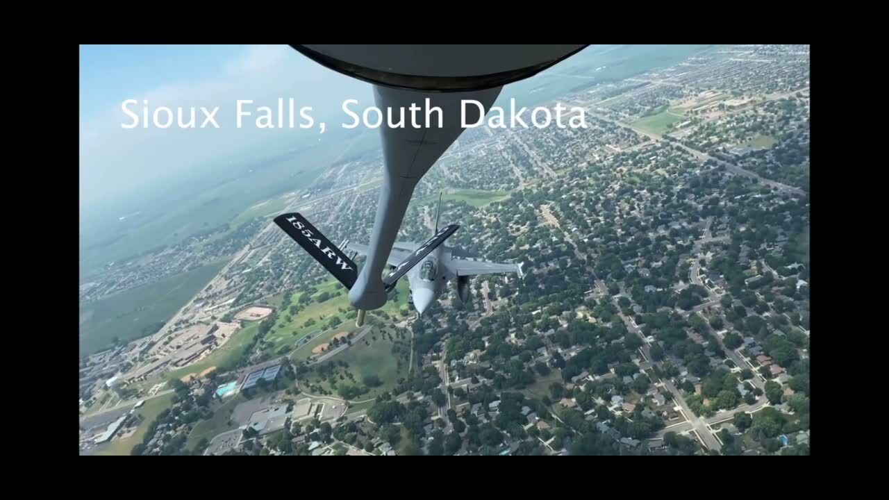 KC 135 Statotanker air refueling aircraft flies over parts of South Dakota