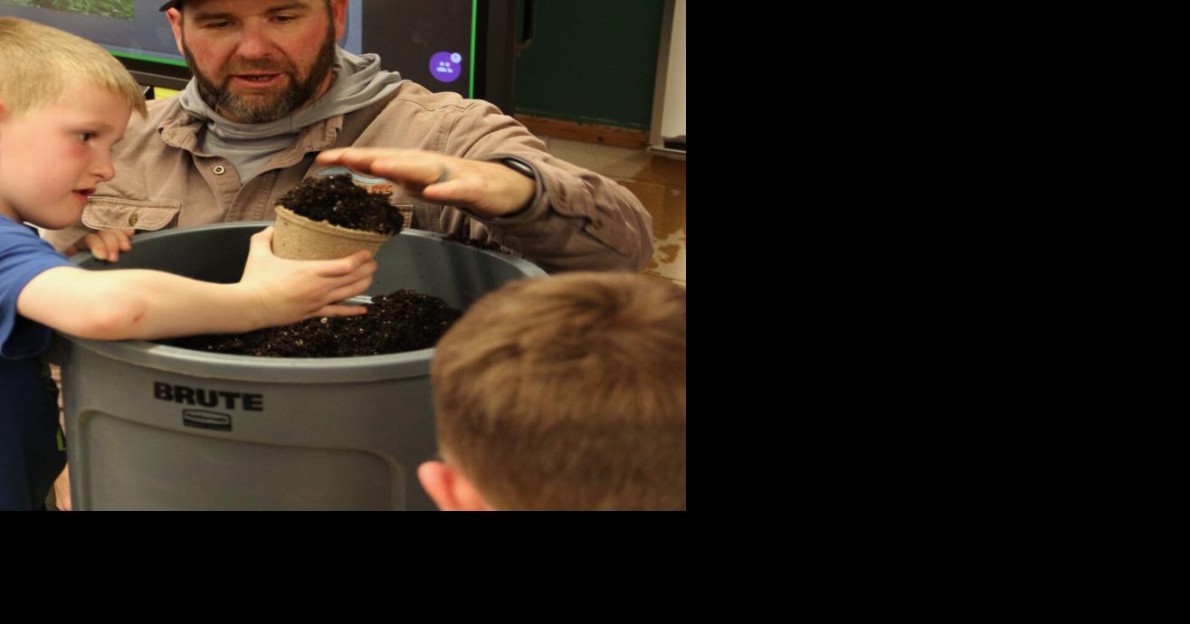 Photos of kindergartners planting flowers at Grandview Elementary School