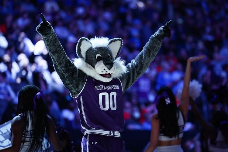 Mar 18, 2023; Sacramento, CA, USA; Willie the Wildcat, the Northwestern mascot, points to the crowd prior to a game between the UCLA Bruins and the Northwestern Wildcats at Golden 1 Center. Mandatory Credit: Kelley L Cox-USA TODAY Sports