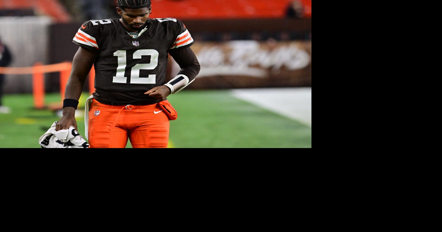 Nov 16, 2025; Cleveland, Ohio, USA; Cleveland Browns quarterback Shedeur Sanders (12) walks off the field following a game against the Baltimore Ravens at Huntington Bank Field. Mandatory Credit: Ken Blaze-Imagn Images ORG XMIT: IMAGN-1285186 ORIG FILE ID: