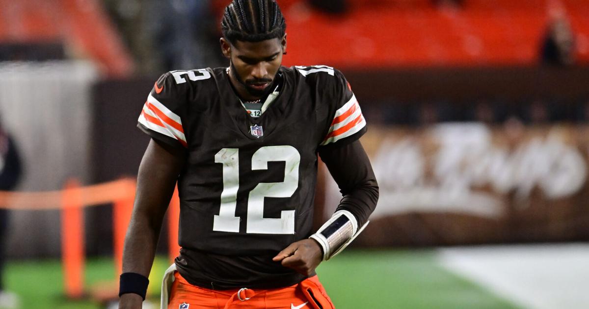 Nov 16, 2025; Cleveland, Ohio, USA; Cleveland Browns quarterback Shedeur Sanders (12) walks off the field following a game against the Baltimore Ravens at Huntington Bank Field. Mandatory Credit: Ken Blaze-Imagn Images ORG XMIT: IMAGN-1285186 ORIG FILE ID: