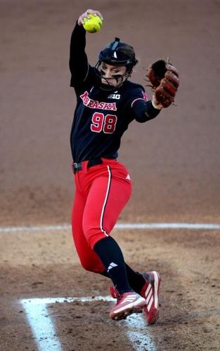 Nebraska 's Jordy Frahm (98) throws a pitch during the college softball game between the Oklahoma State University Cowgirls and the Nebraska Cornhuskers in Stillwater, Okla., Thursday Feb. 26, 2026.