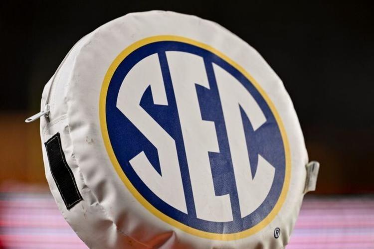 Oct 11, 2025; College Station, Texas, USA; SEC logo seen on a chain marker during the third quarter of the game between the Texas A&M Aggies and the Florida Gators at Kyle Field. Mandatory Credit: Maria Lysaker-Imagn Images