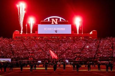 Nov 1, 2025; Lincoln, Nebraska, USA; Fireworks go off during the light show between the third and four quarter between the Nebraska Cornhuskers and the Southern California Trojans at Memorial Stadium. Mandatory Credit: Dylan Widger-Imagn Images