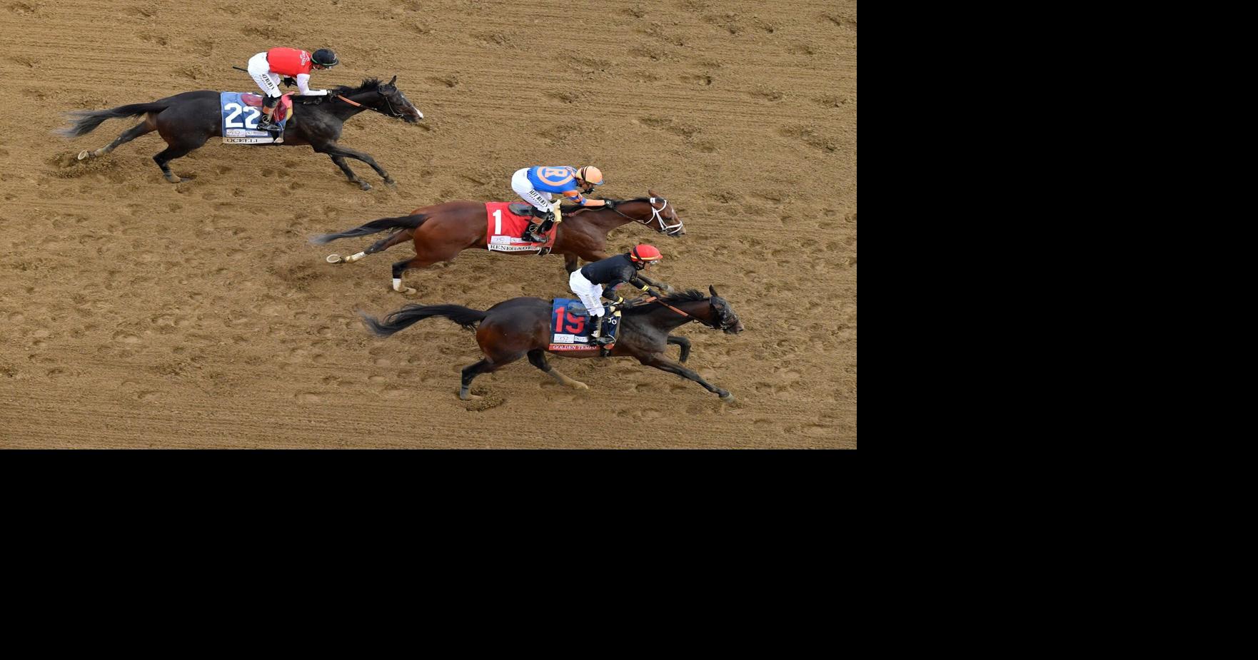 Golden Tempo, with Jose L. Ortiz up, crosses the finish line ahead of Renegade, with Irad Ortiz Jr. up, to win the 152nd running