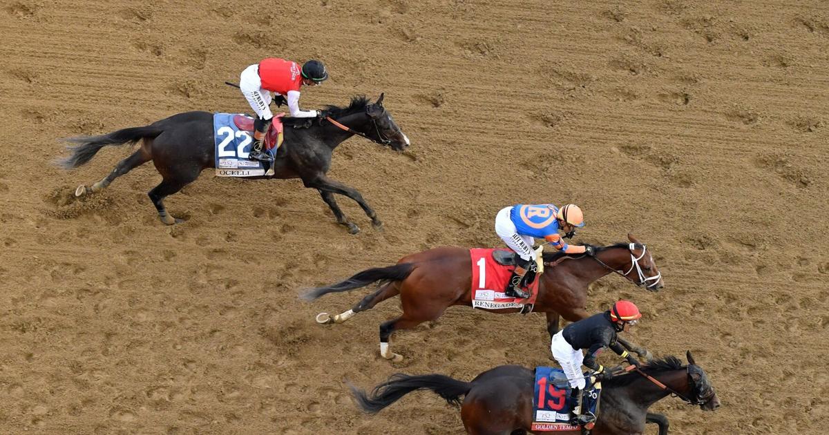 Golden Tempo, with Jose L. Ortiz up, crosses the finish line ahead of Renegade, with Irad Ortiz Jr. up, to win the 152nd running