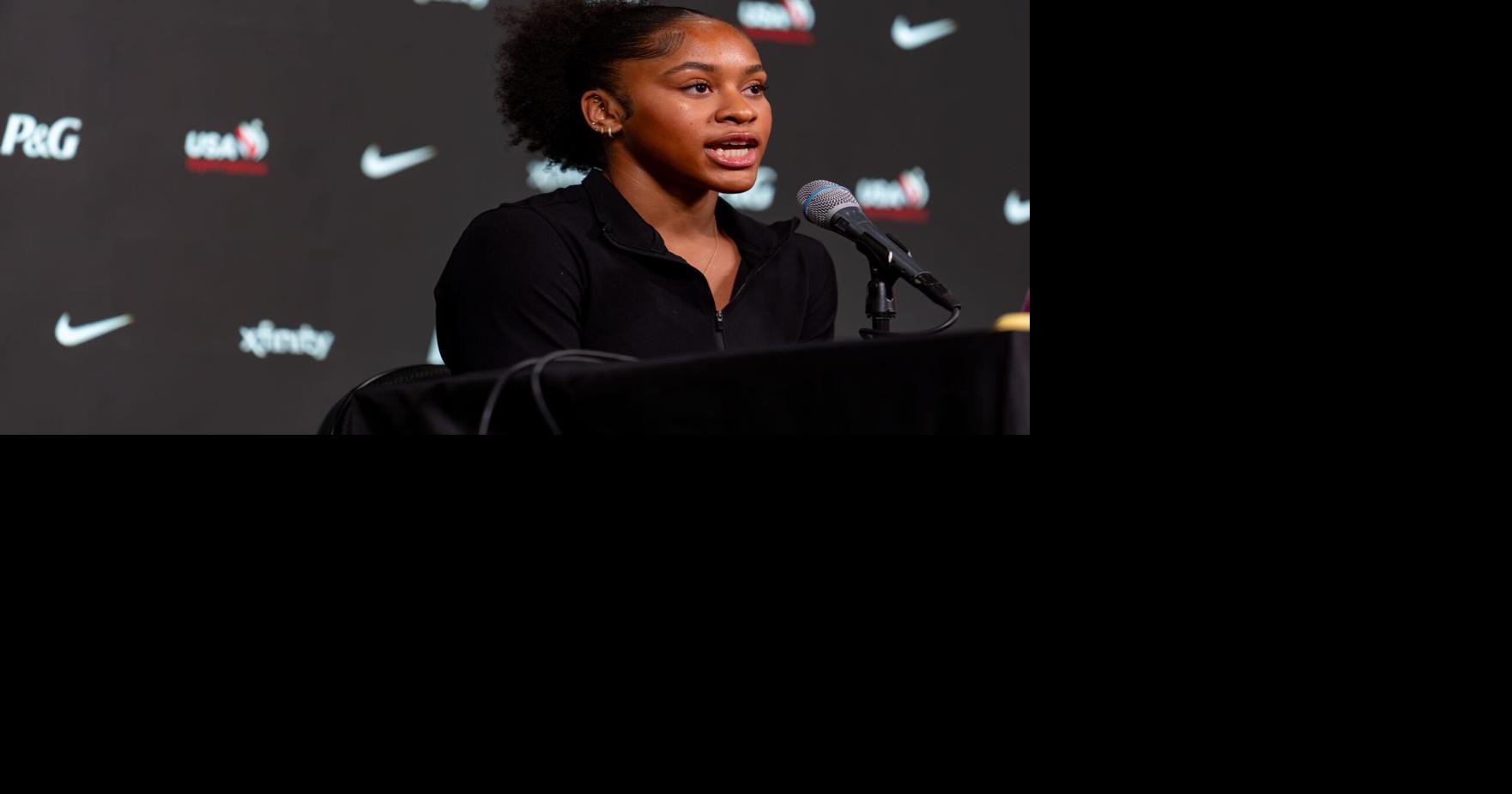 Skye Blakely speaks during a press conference to kick off the Xfinity U.S. Gymnastics Championships at Mortgage Matchup Center