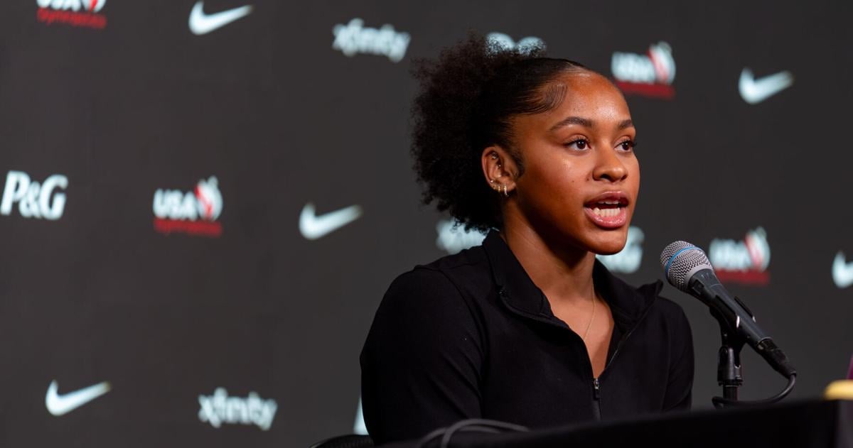 Skye Blakely speaks during a press conference to kick off the Xfinity U.S. Gymnastics Championships at Mortgage Matchup Center