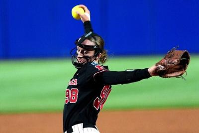 Nebraska's Jordy Frahm (98) throws a pitch during a Women's College World Series softball game between the Arkansas Razorbacks and the Nebraska Cornhuskers at Devon Park in Oklahoma City, May 28, 2026.