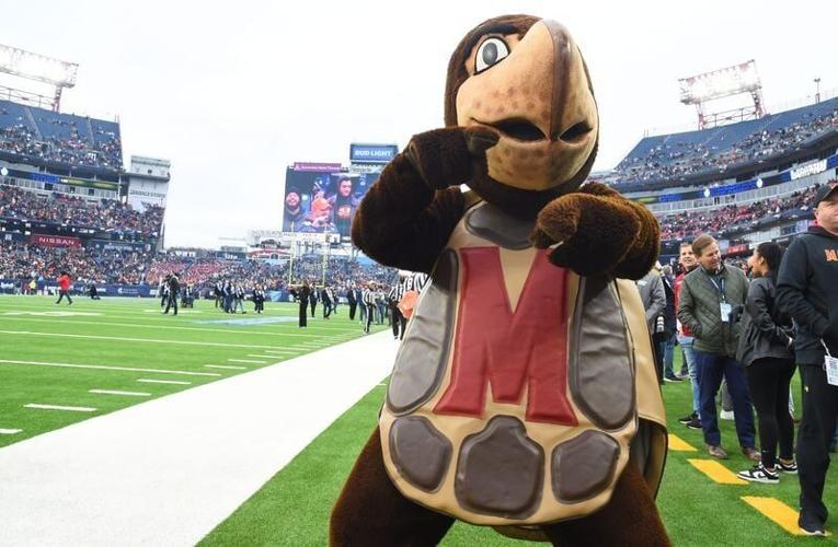 Dec 30, 2023; Nashville, TN, USA; The Maryland Terrapins mascot Testudo dances before the game against the Auburn Tigers at Nissan Stadium. Mandatory Credit: Christopher Hanewinckel-USA TODAY Sports