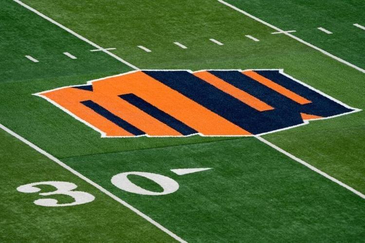 A Mountain West Conference logo is displayed near the 25-yard line at Sun Bowl Stadium on Friday, June 12, 2026, in El Paso, Texas.