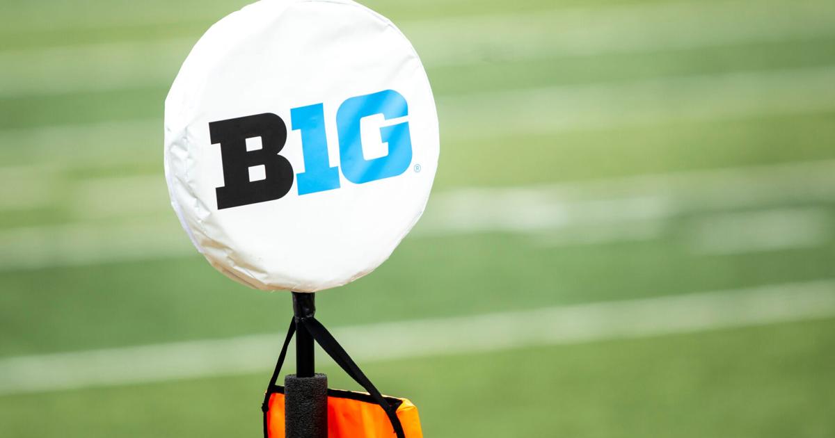 Aug 9, 2025; A detail view of a logo for the Big Ten Conference is seen during the Hawkeyes Kids Day NCAA football open practice at Kinnick Stadium in Iowa City, Iowa. Mandatory Credit: Joseph Cress for the Des Moines Register