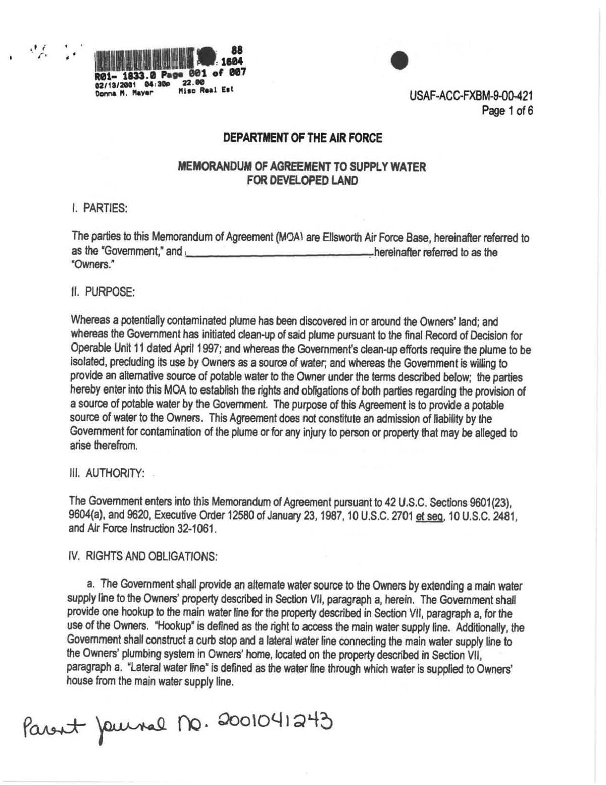 Memorandum Of Agreement Between Ellsworth Air Force Base And Memorandum Of Agreement Between Ellsworth Air Force Base And Residents With Tce Contaminated Water