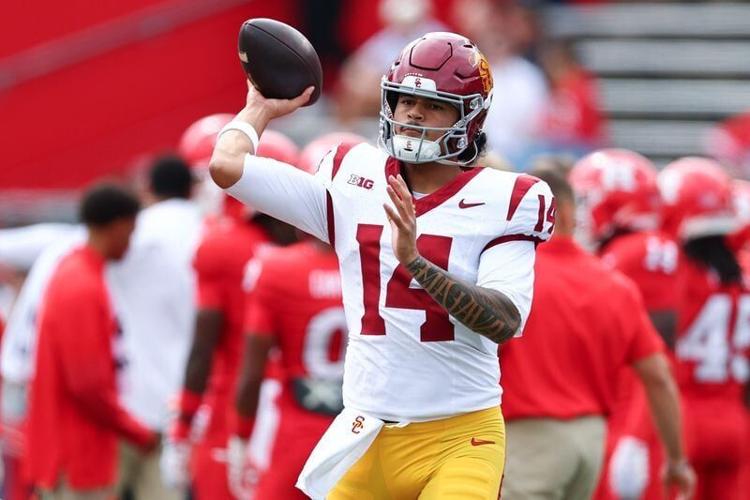 Sep 19, 2026; Piscataway, New Jersey, USA;  USC Trojans quarterback Jayden Maiava (14) warms up before the game against the Rutgers Scarlet Knights at SHI Stadium. Mandatory Credit: Vincent Carchietta-Imagn Images