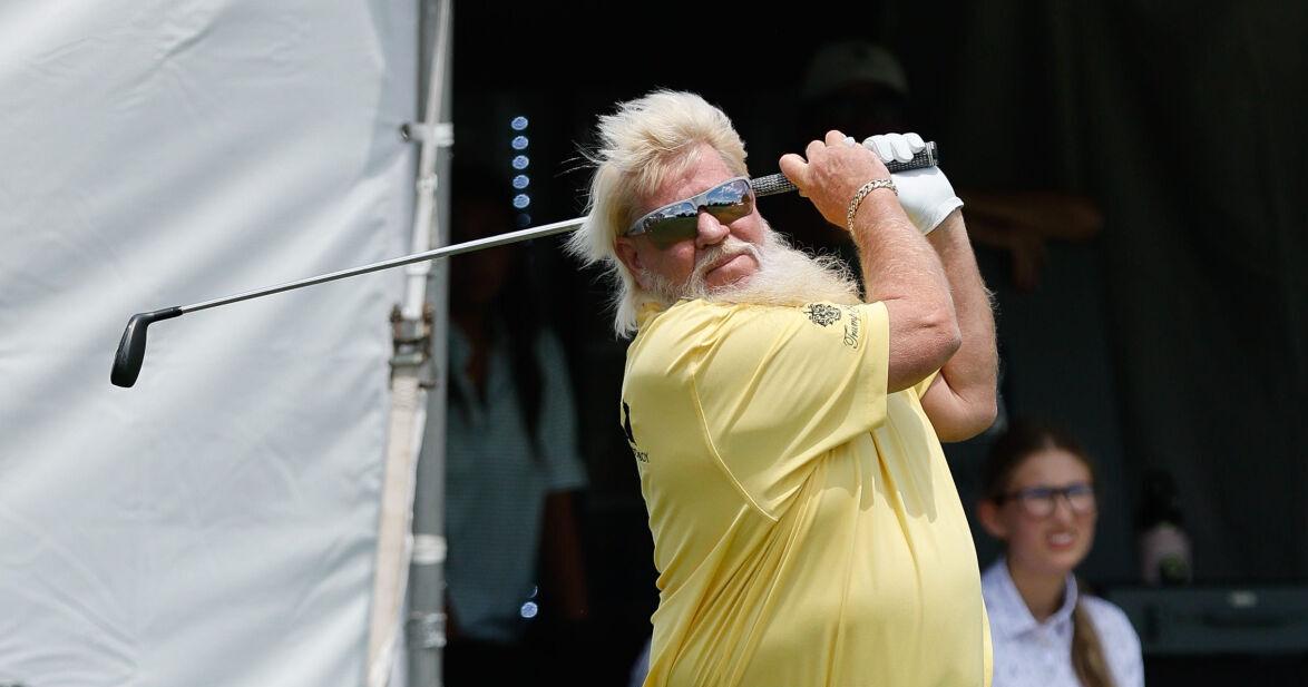 John Daly tees off at the first round of the 2026 Dick's Sporting Good Open at En-Joie golf course