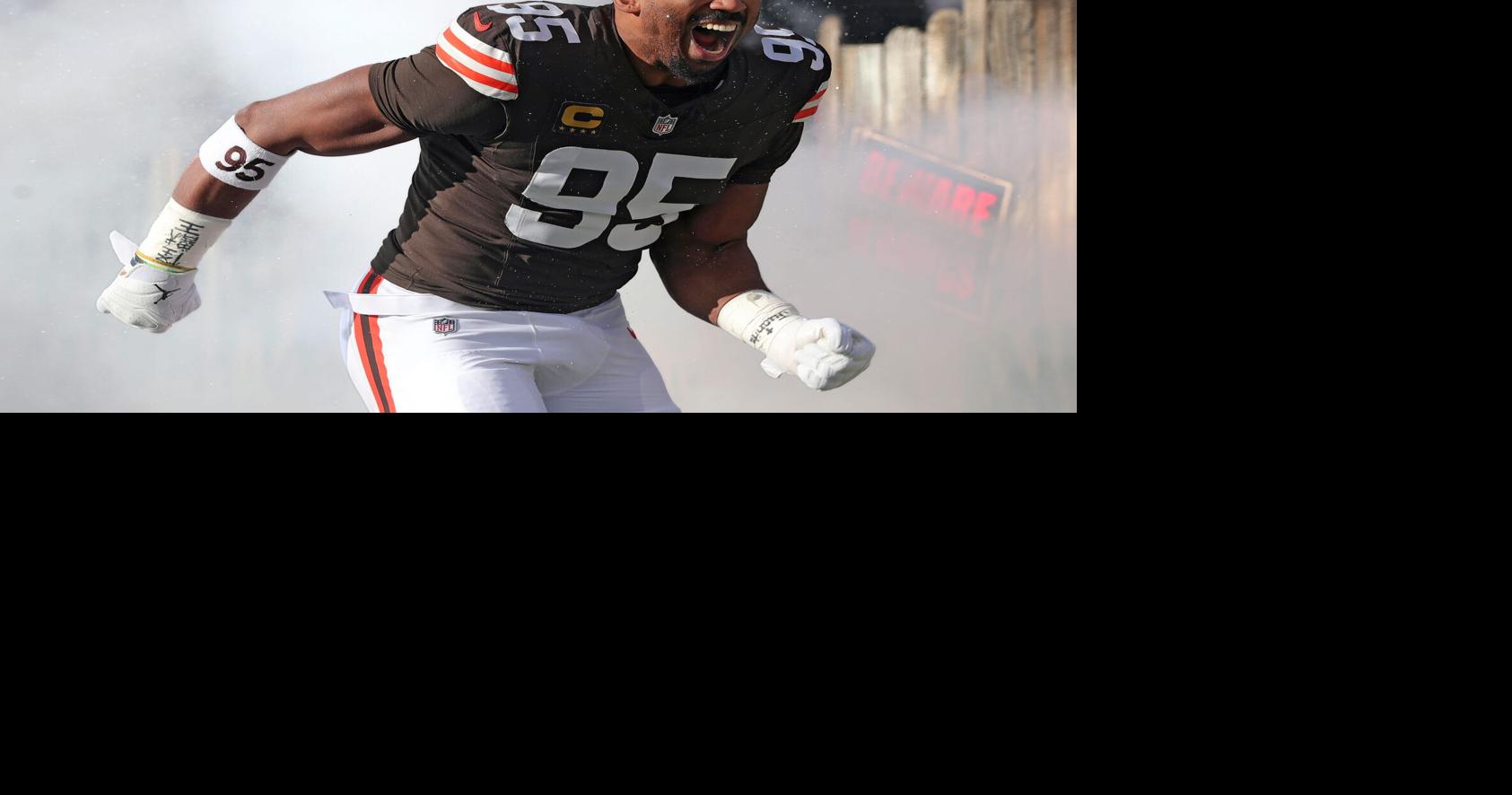 Cleveland Browns defensive end Myles Garrett (95) takes the field before an NFL football game at Huntington Bank Field, Dec. 21, 2025, in Cleveland, Ohio.