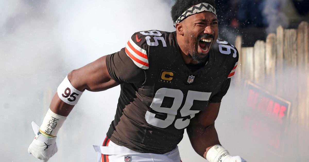 Cleveland Browns defensive end Myles Garrett (95) takes the field before an NFL football game at Huntington Bank Field, Dec. 21, 2025, in Cleveland, Ohio.