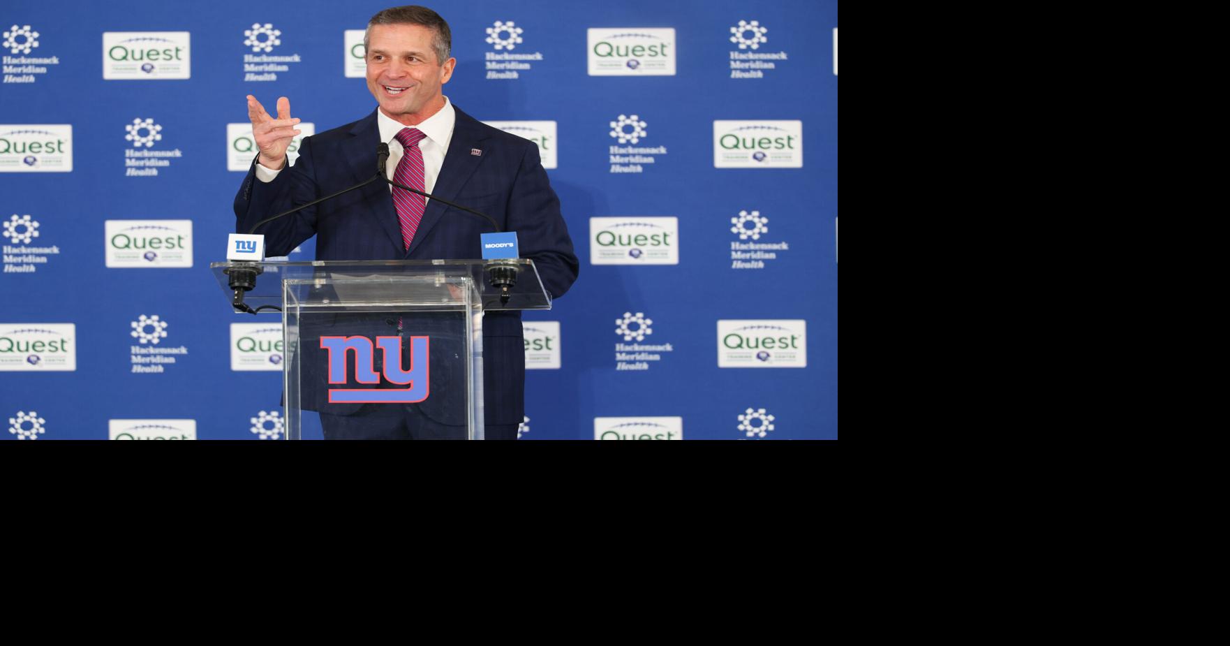 Jan 20, 2026; East Rutherford, NJ, USA; New York Giants head coach John Harbaugh speaks at the press conference announcing his hiring at Quest Diagnostics Training Center. Mandatory Credit: Ed Mulholland-Imagn Images