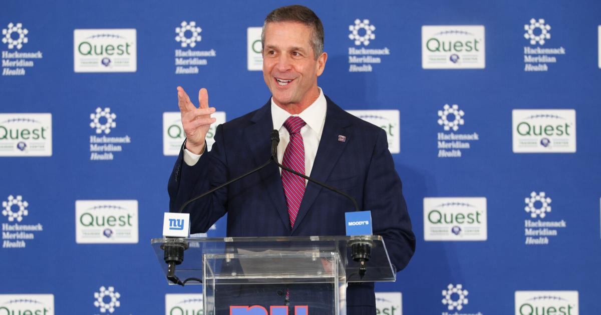Jan 20, 2026; East Rutherford, NJ, USA; New York Giants head coach John Harbaugh speaks at the press conference announcing his hiring at Quest Diagnostics Training Center. Mandatory Credit: Ed Mulholland-Imagn Images