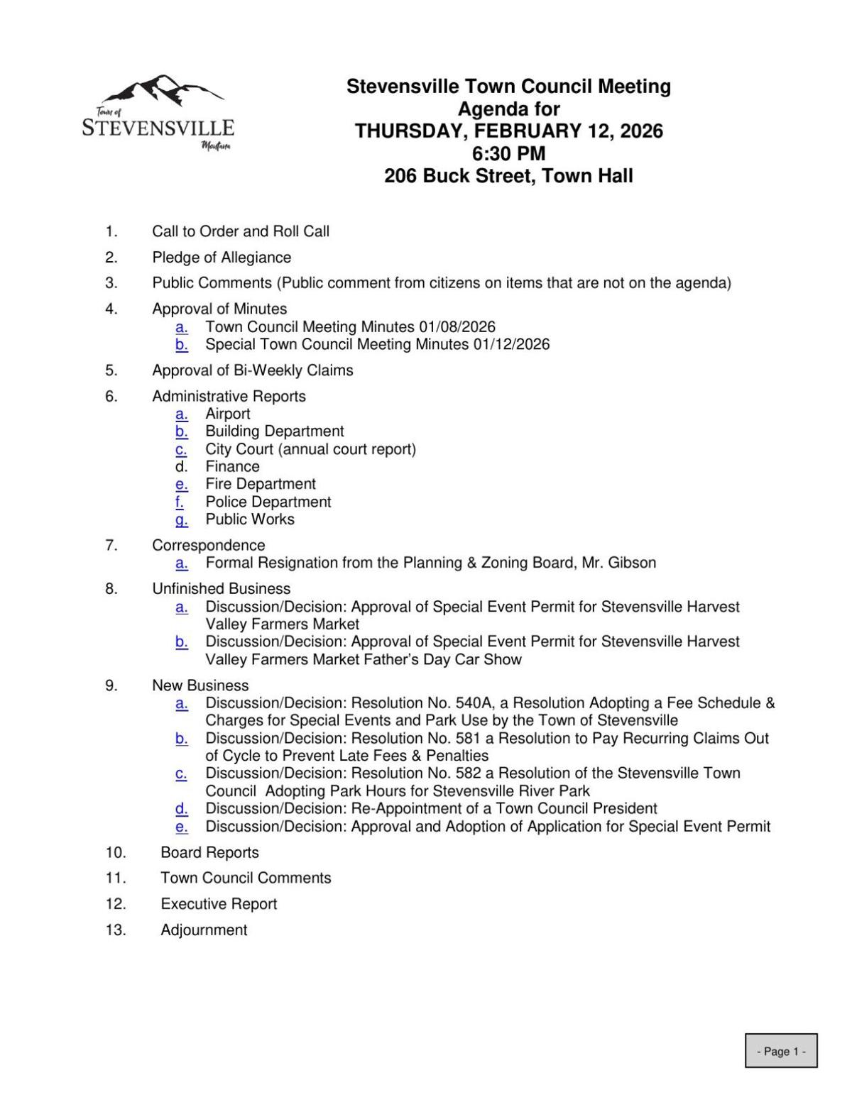 Stevi town council meeting agenda