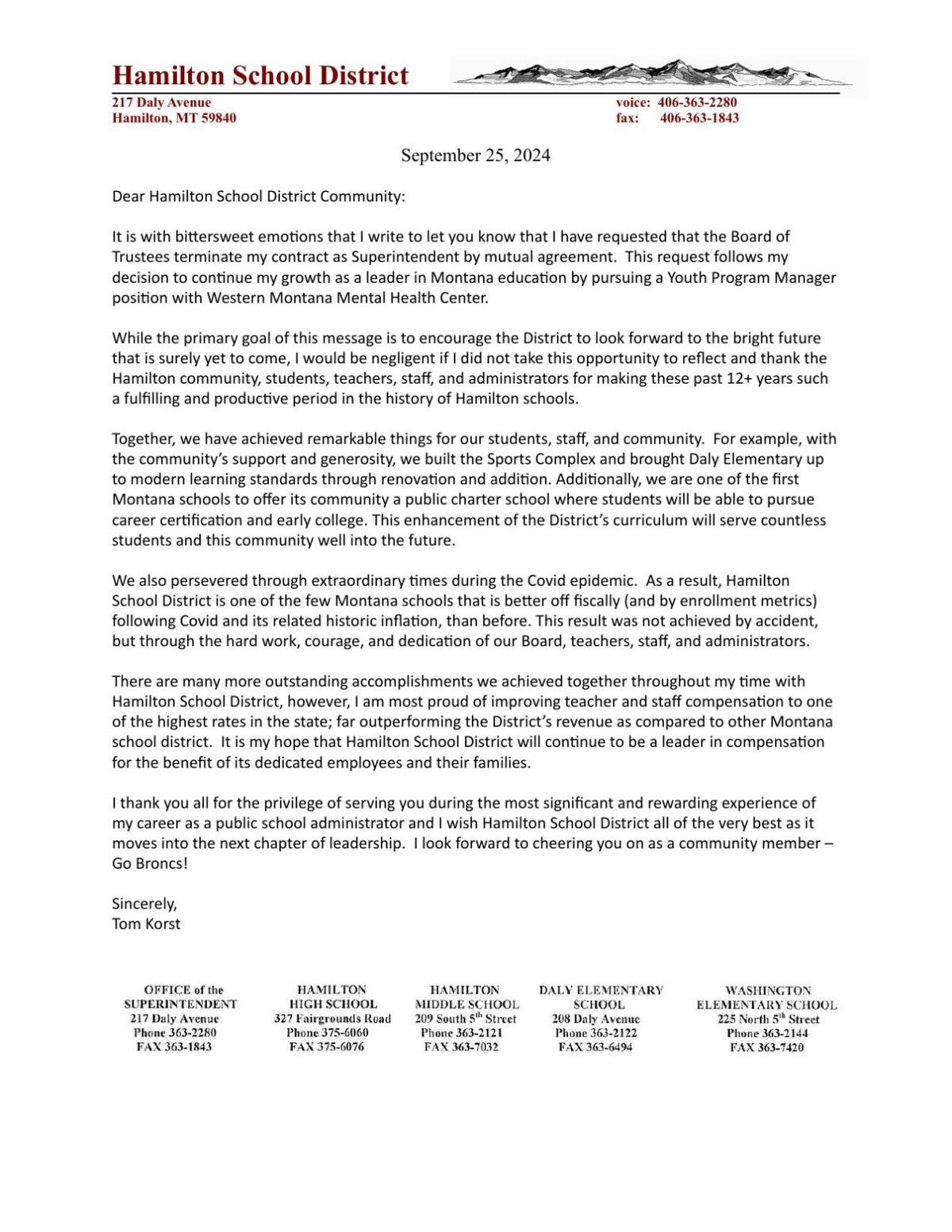 Hamilton Superintendent Tom Korst stepping down