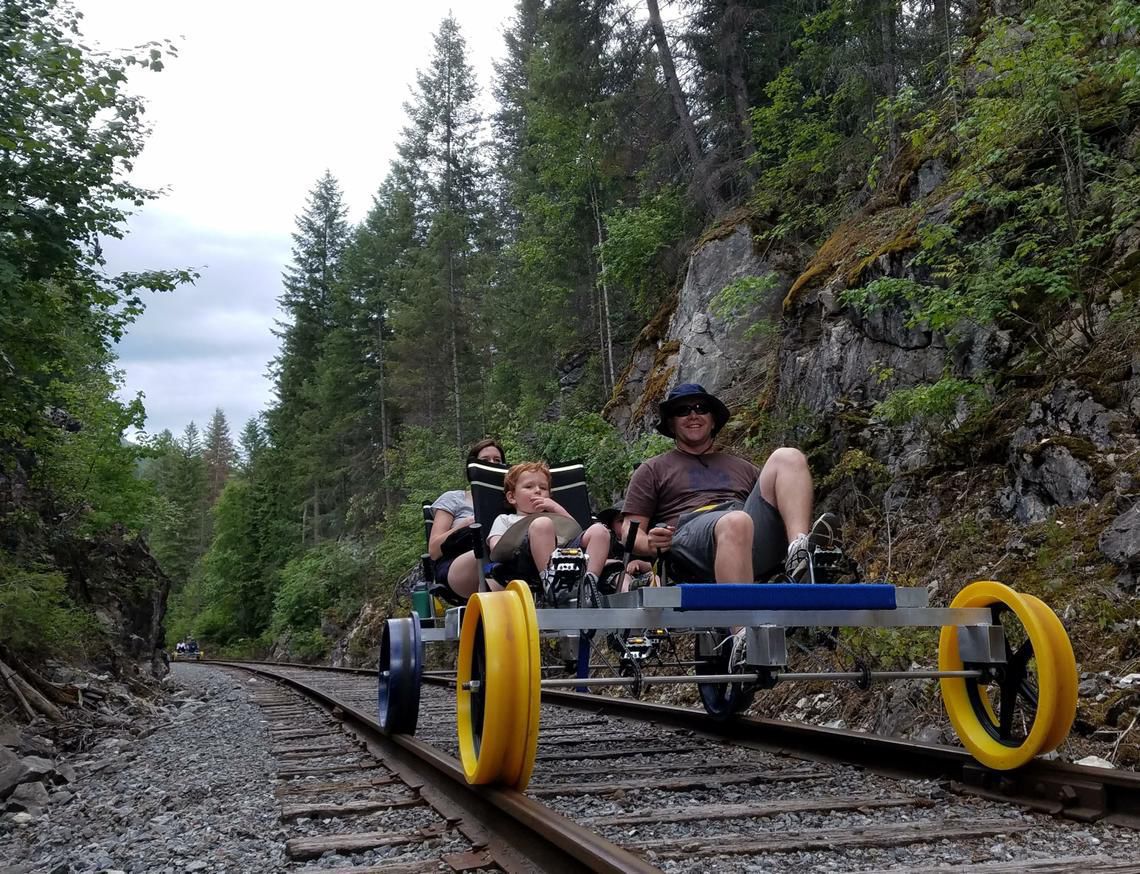Pedal rail buggies outside Ione, Washington, for fun ride