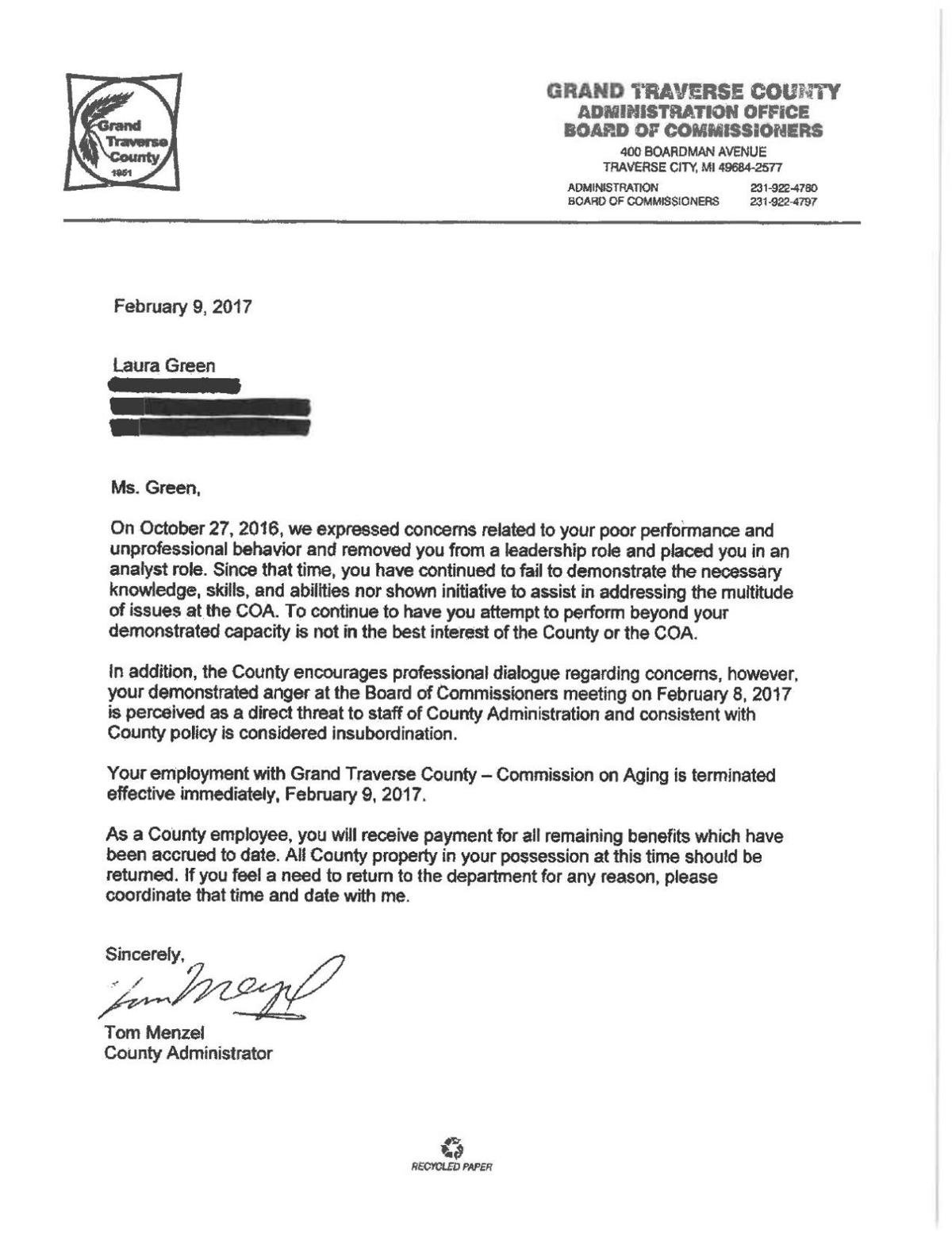 benefits termination letter