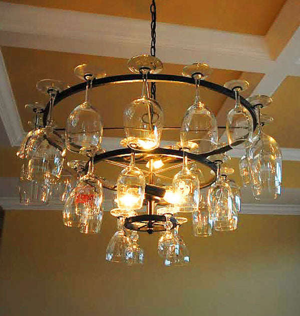 chandelier made of wine glasses