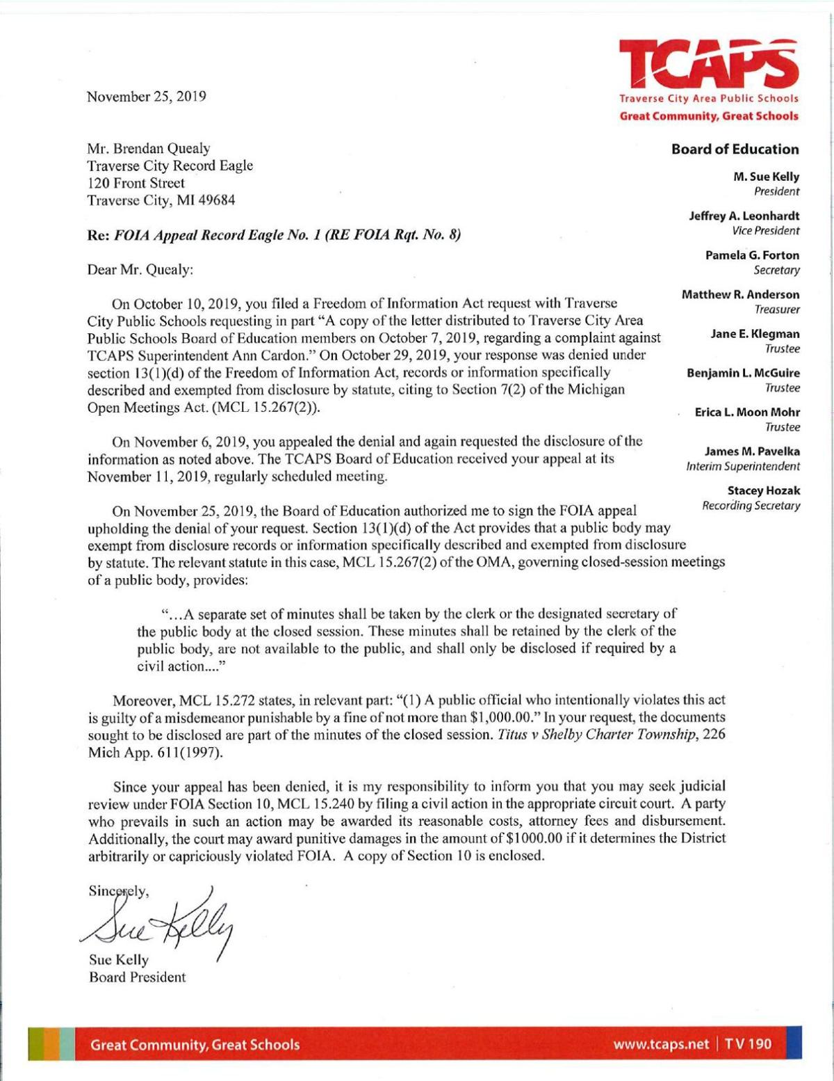 FOIA Denial Upheld — Complaint Letter Against Ann Cardon record