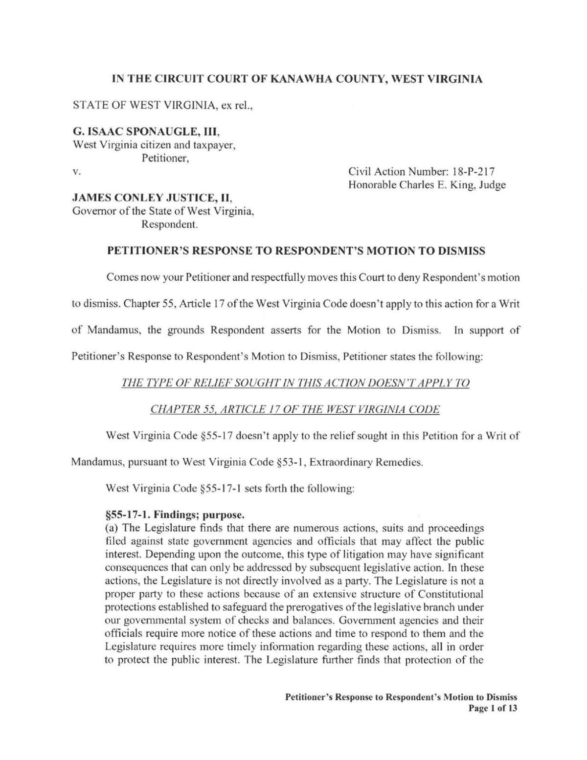 Scan of Petitioner #39 s Response to Respondent #39 s Motion to Dismiss News