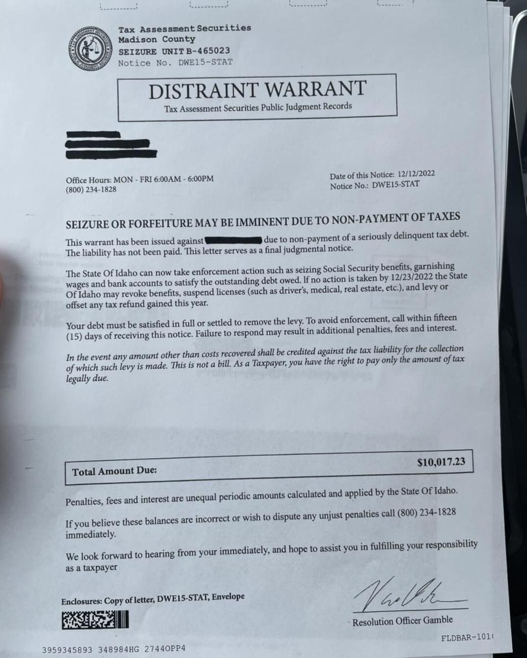 Fake 'Distraint Warrant' sent to Madison County homeowners News