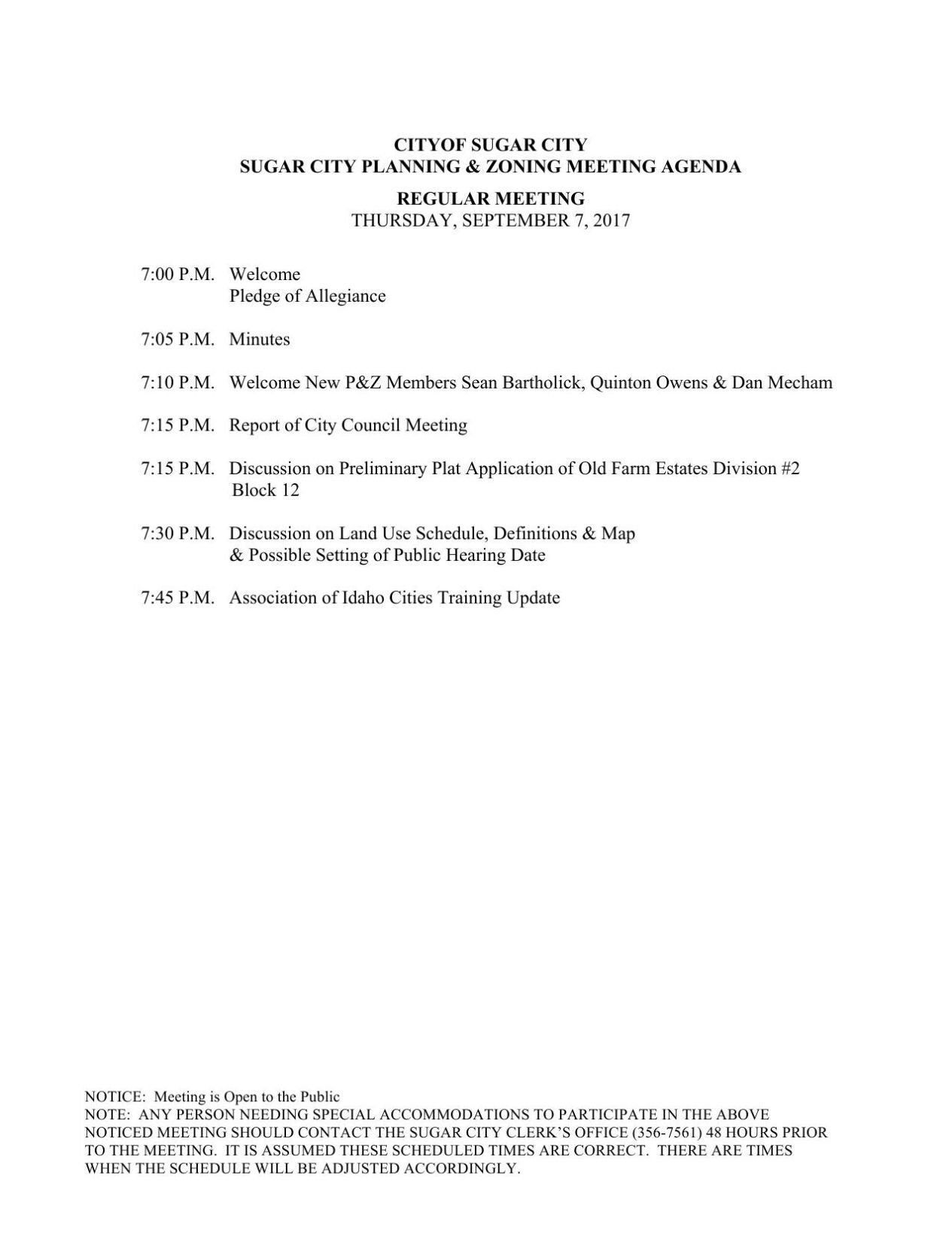 Sugar City Planning and Zoning meeting agenda Sept. 7, 2017 News