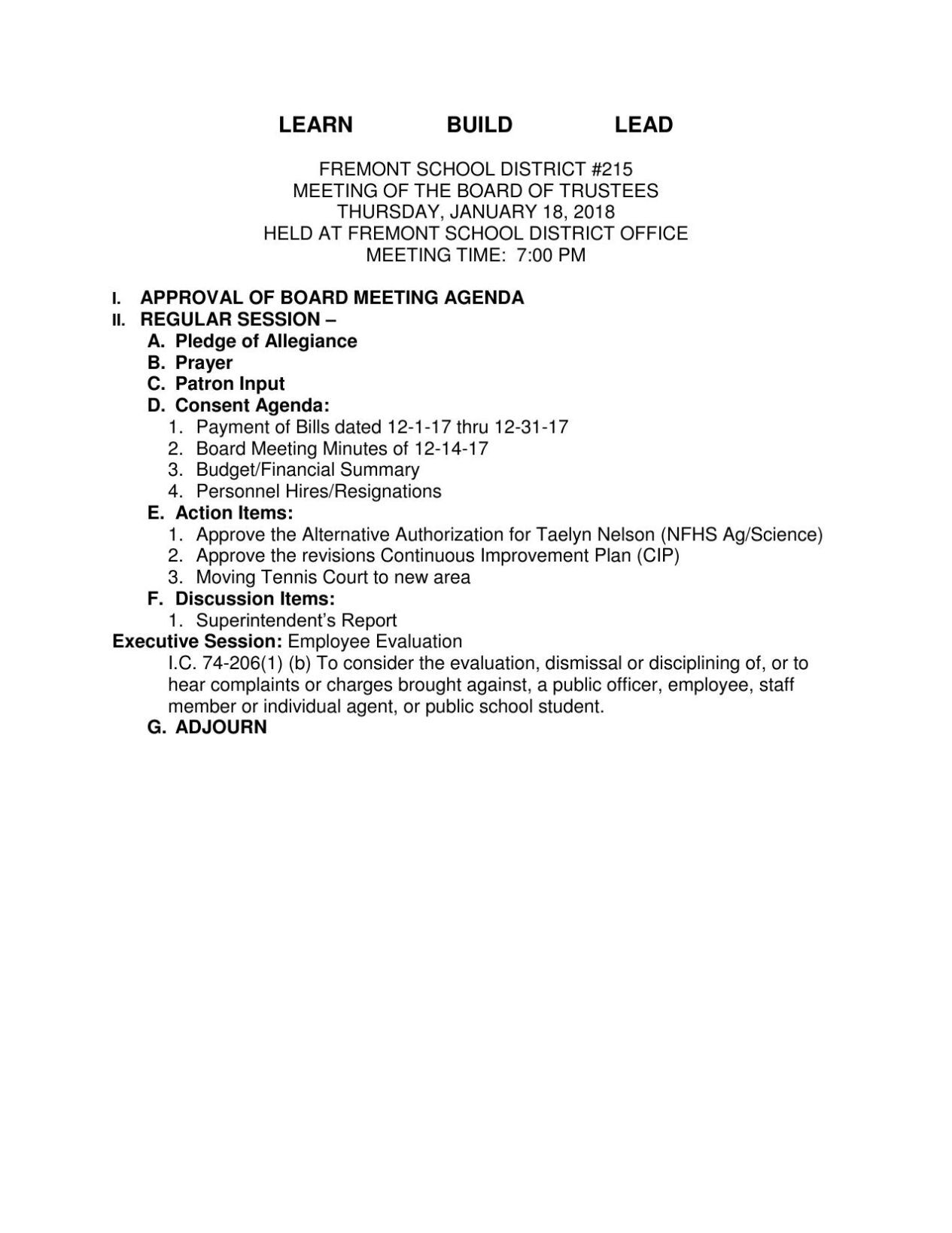 Fremont School Board Meeting Agenda, Jan. 18, 2018 | News ...