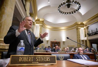 FRANKFORT, March 27 – Senate President Robert Stivers, R-Manchester, comments on the conference committee report to House Bill 6, the biennial state budget, during Wednesday’s proceedings in the Senate.