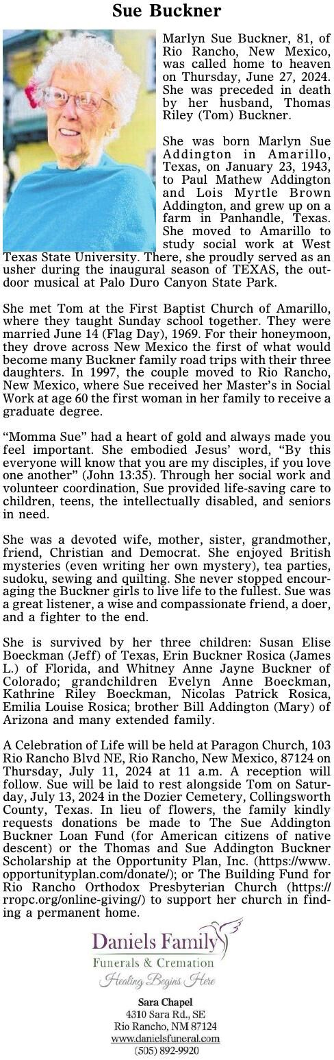 OBITUARY: Sue Buckner | Obituaries | rrobserver.com