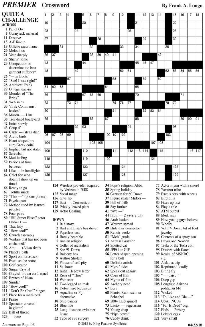 PREMIER CROSSWORD PUZZLE Puzzles rutlandherald