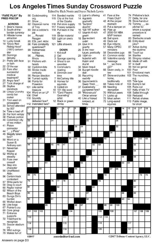 Los Angeles Times Sunday Crossword Puzzle Puzzles Rutlandherald Com
