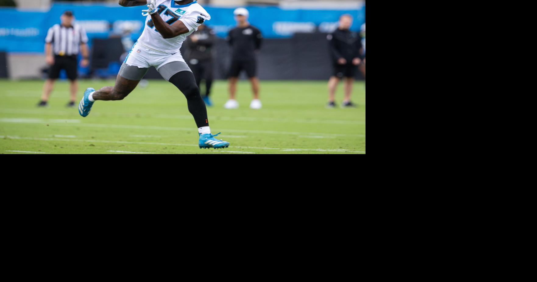 Panthers wide receiver Xavier Legette carted off the field with a stinger injury at training camp