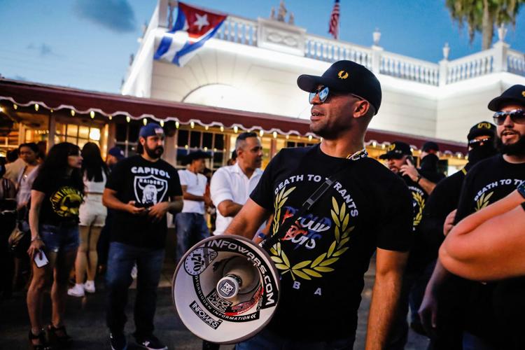 Henry "Enrique" Tarrio, leader of The Proud Boys, attends a protest showing support for Cubans demonstrating against their government, in Miami on July 16, 2021.