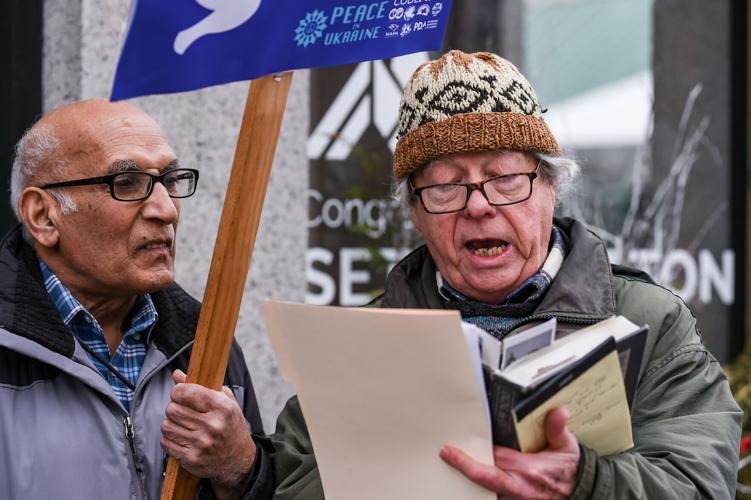 Massachusetts Peace Action members protest war in Ukraine outside Congressman Moulton’s office