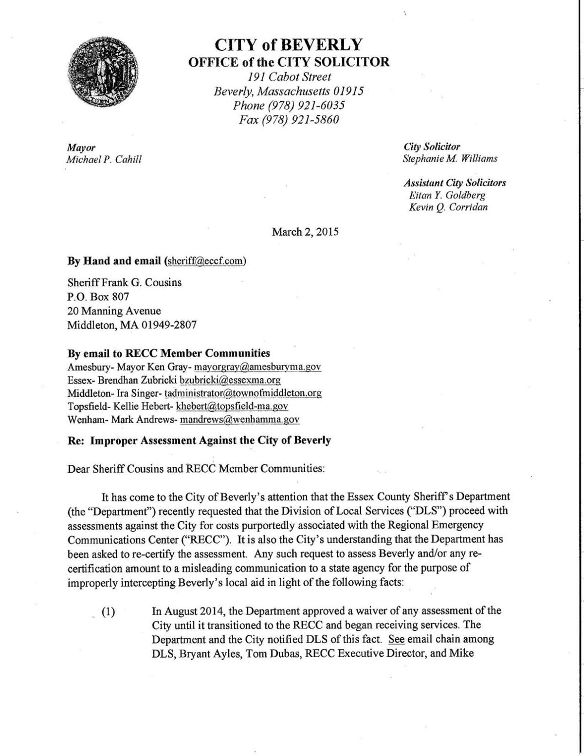 Letter to Sheriff and RECC Members