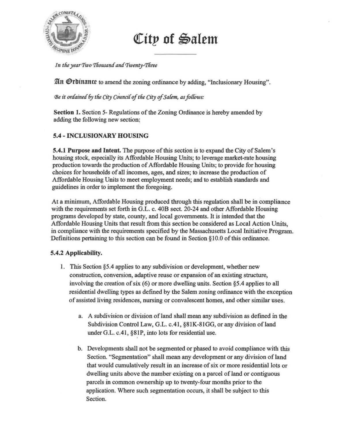 Salem Inclusionary Zoning Proposal